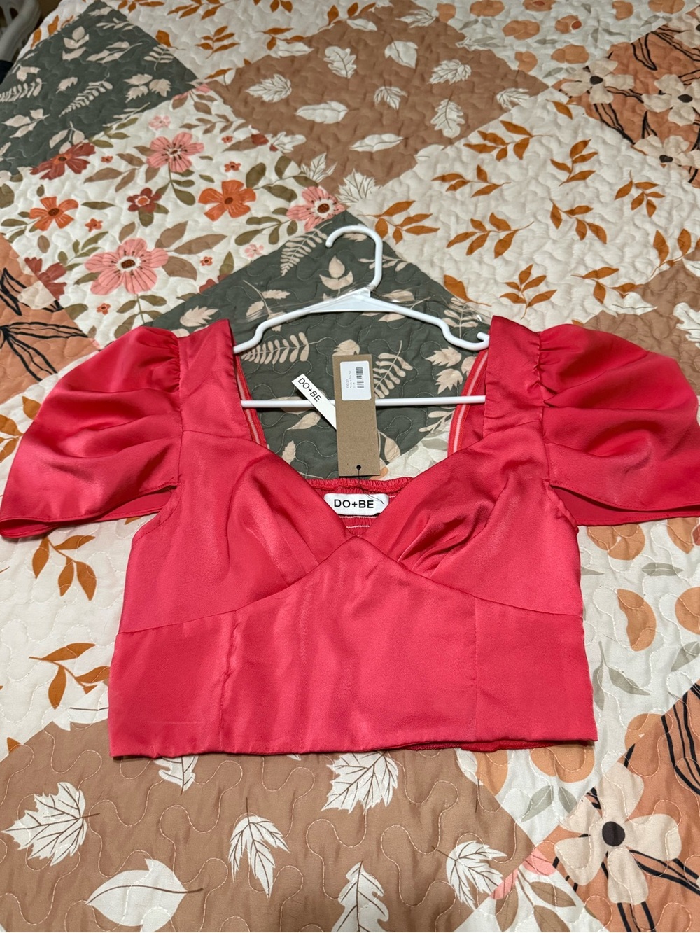 DO+BE Hot Pink Satin Puff Sleeve Crop Top